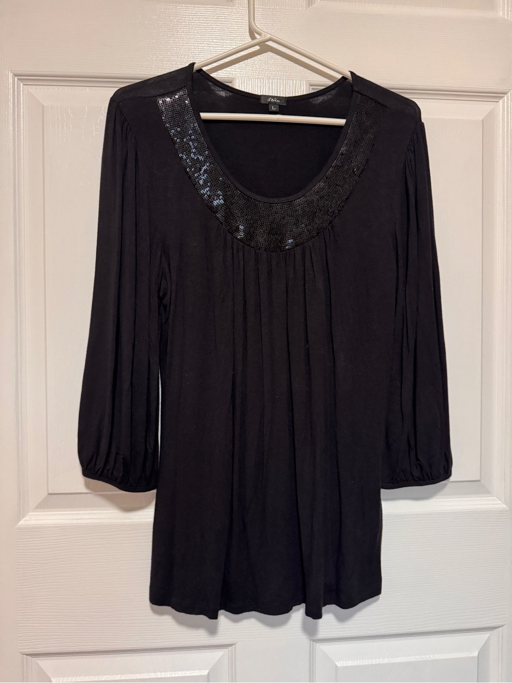 Sz L Black 3/4 sleeve Top with Sequin-trimmed Neckline